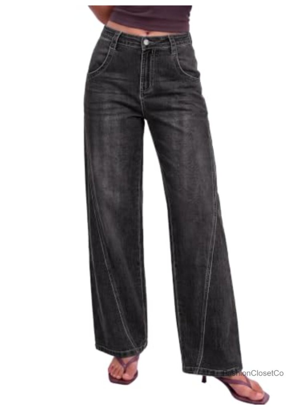 High Waisted Wide Leg Stretch Denim Jeans with Side Seams